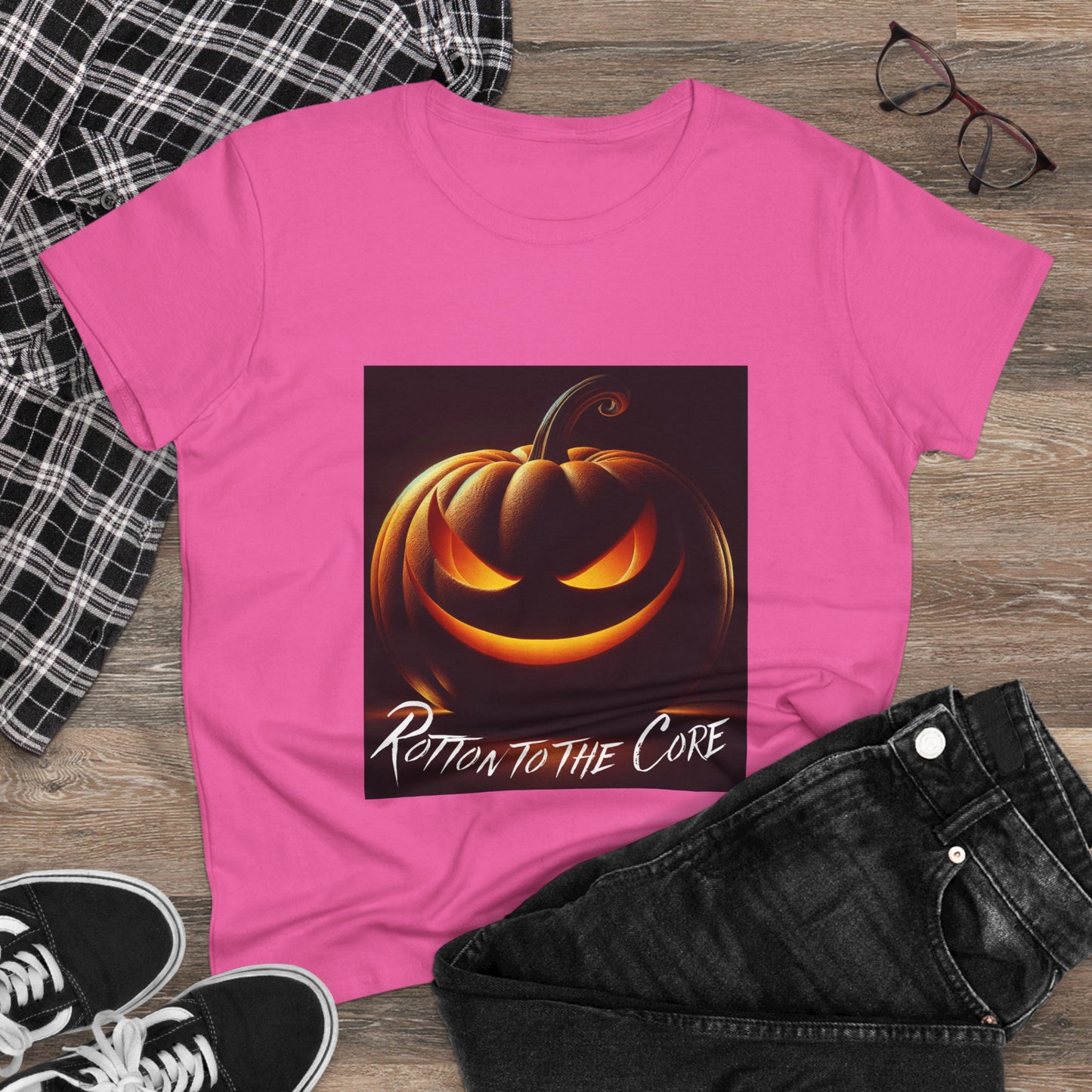 Women's Halloween T-Shirt - "Rotten to the Core" Pumpkin Tee, Fall Fashion, Spooky Season, Costume Party, Gift for Her