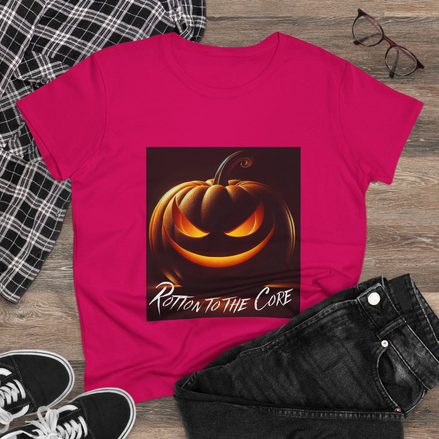 Women's Halloween T-Shirt - "Rotten to the Core" Pumpkin Tee, Fall Fashion, Spooky Season, Costume Party, Gift for Her