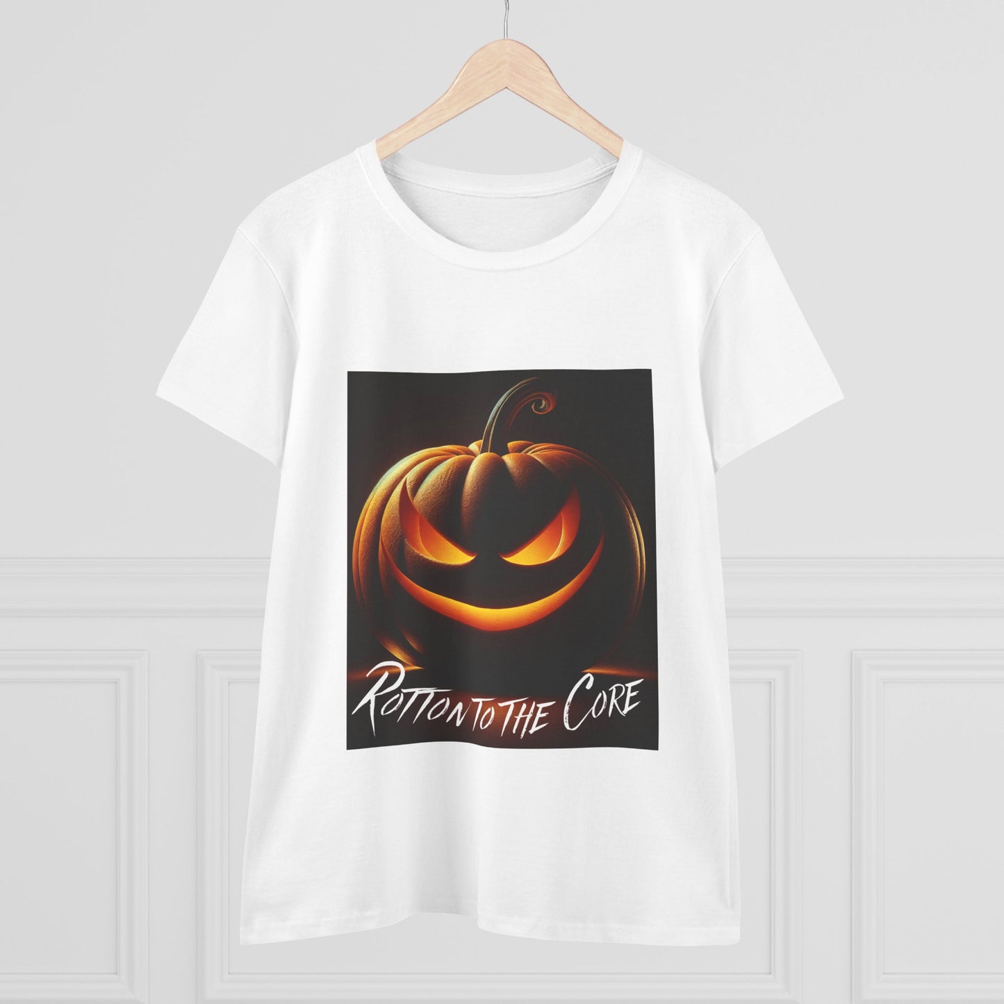 Women's Halloween T-Shirt - "Rotten to the Core" Pumpkin Tee, Fall Fashion, Spooky Season, Costume Party, Gift for Her