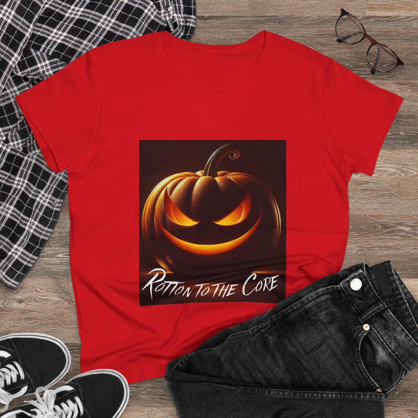 Women's Halloween T-Shirt - "Rotten to the Core" Pumpkin Tee, Fall Fashion, Spooky Season, Costume Party, Gift for Her