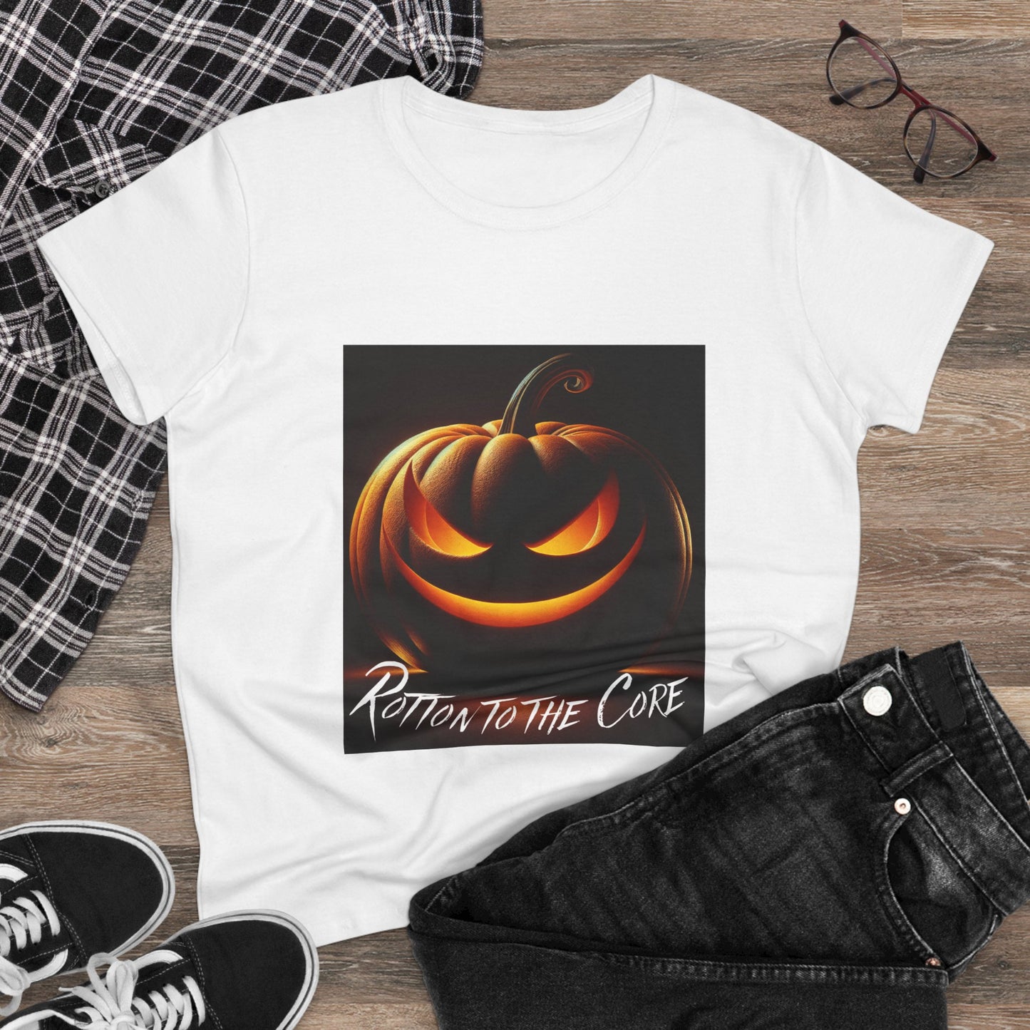 Women's Halloween T-Shirt - "Rotten to the Core" Pumpkin Tee, Fall Fashion, Spooky Season, Costume Party, Gift for Her