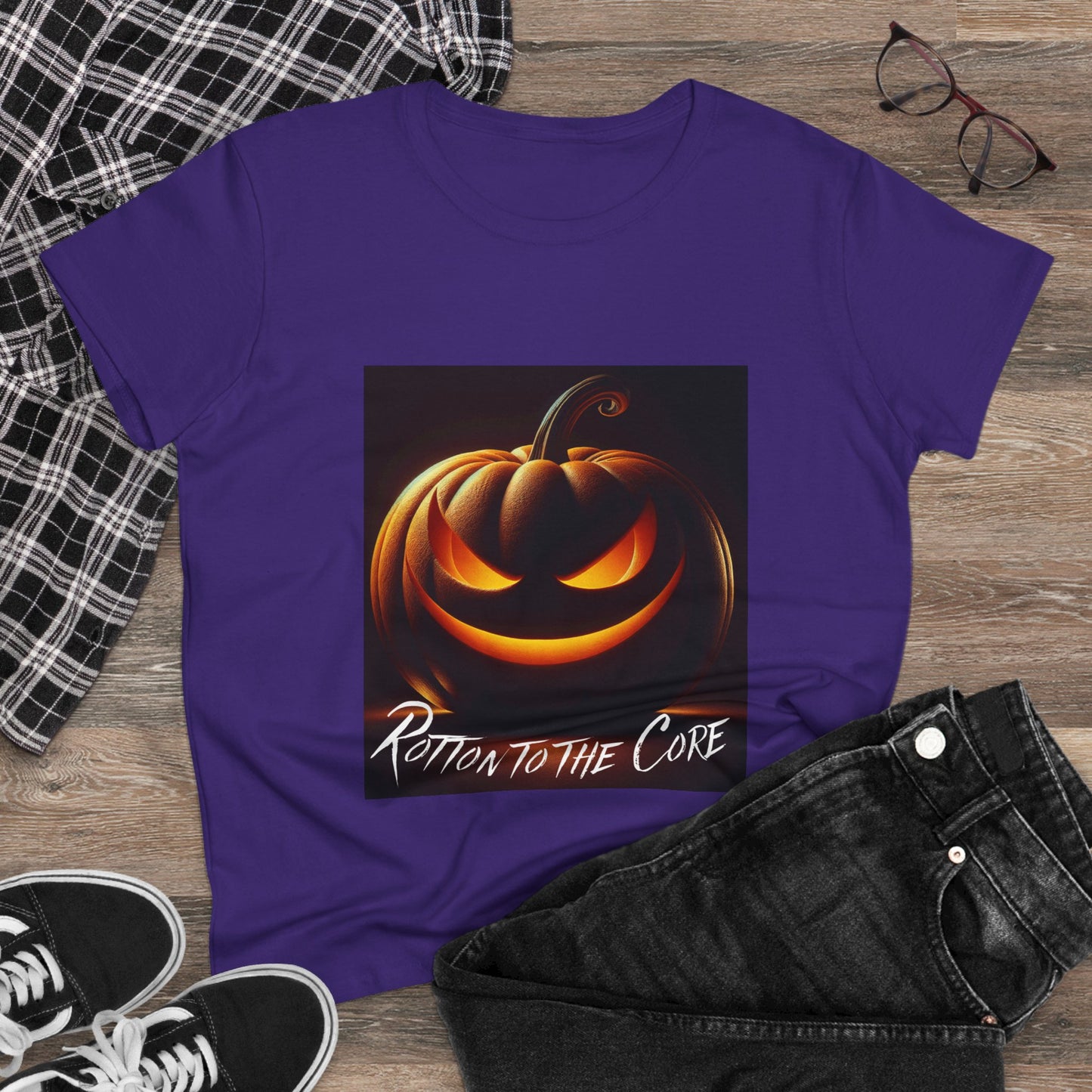 Women's Halloween T-Shirt - "Rotten to the Core" Pumpkin Tee, Fall Fashion, Spooky Season, Costume Party, Gift for Her