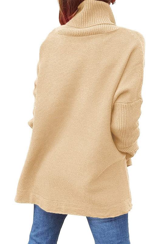 Turtleneck Sweater Mid-Length Batwing Sleeve Tunic Pullover