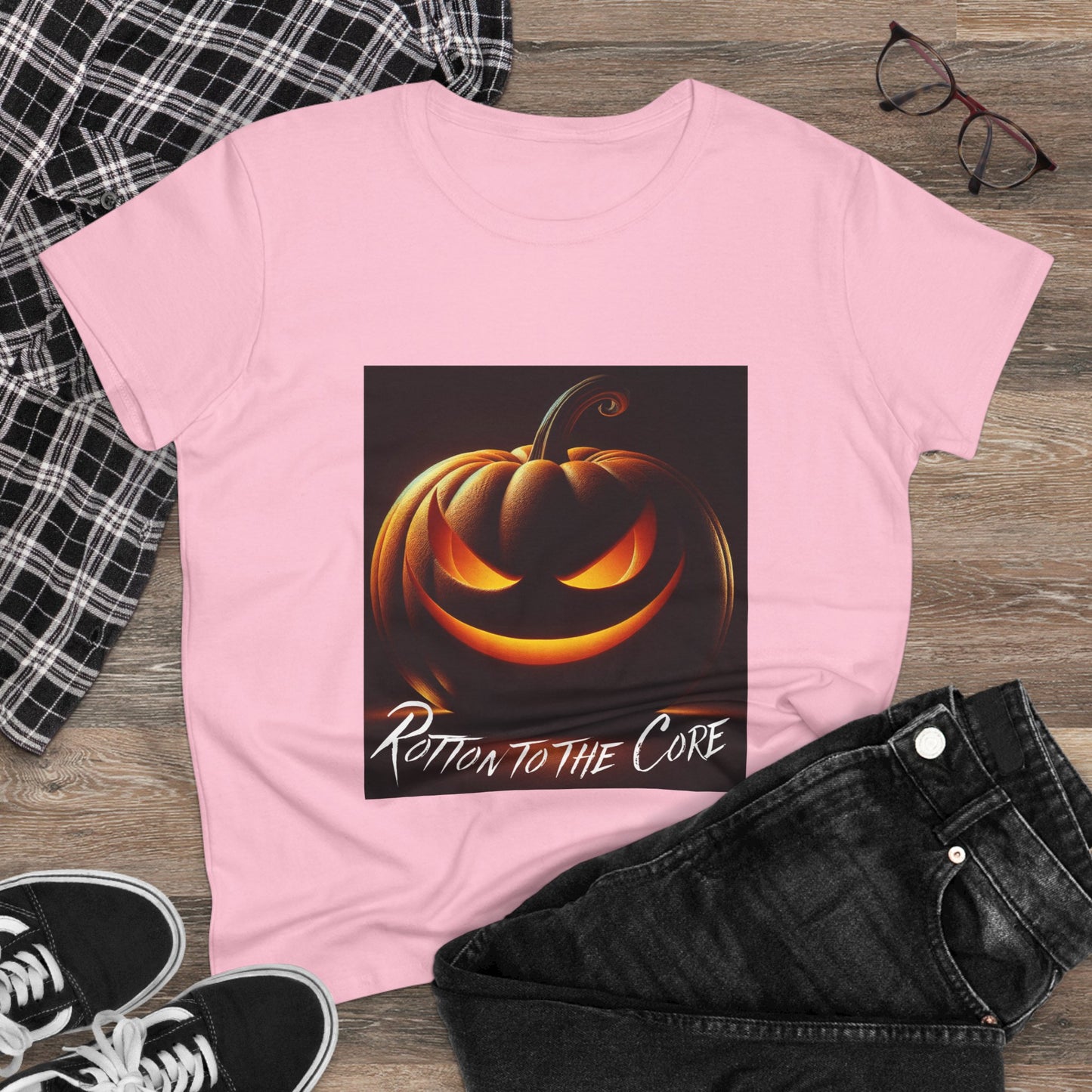 Women's Halloween T-Shirt - "Rotten to the Core" Pumpkin Tee, Fall Fashion, Spooky Season, Costume Party, Gift for Her