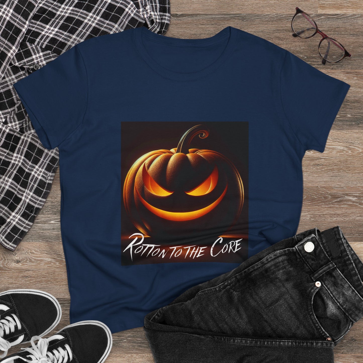 Women's Halloween T-Shirt - "Rotten to the Core" Pumpkin Tee, Fall Fashion, Spooky Season, Costume Party, Gift for Her