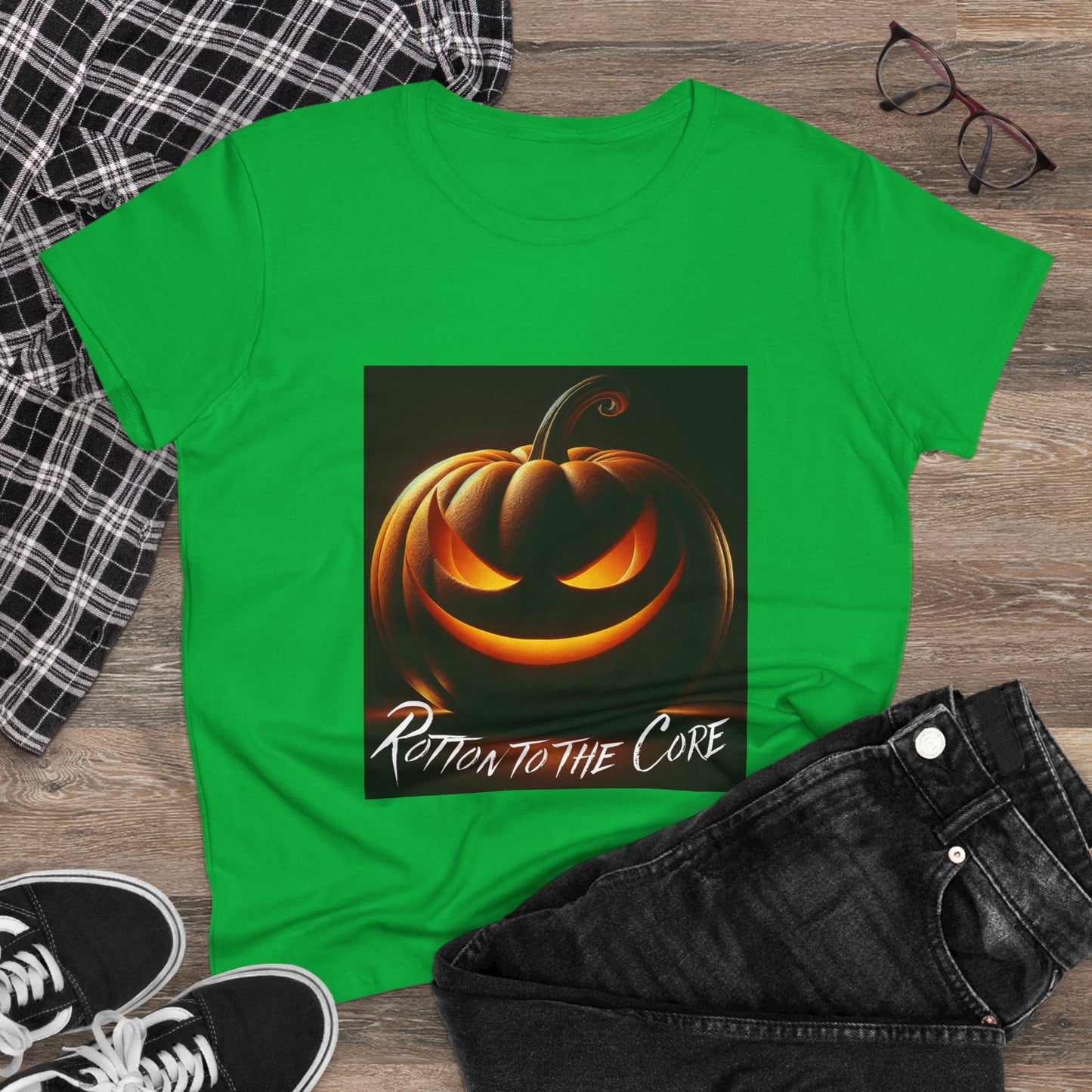 Women's Halloween T-Shirt - "Rotten to the Core" Pumpkin Tee, Fall Fashion, Spooky Season, Costume Party, Gift for Her