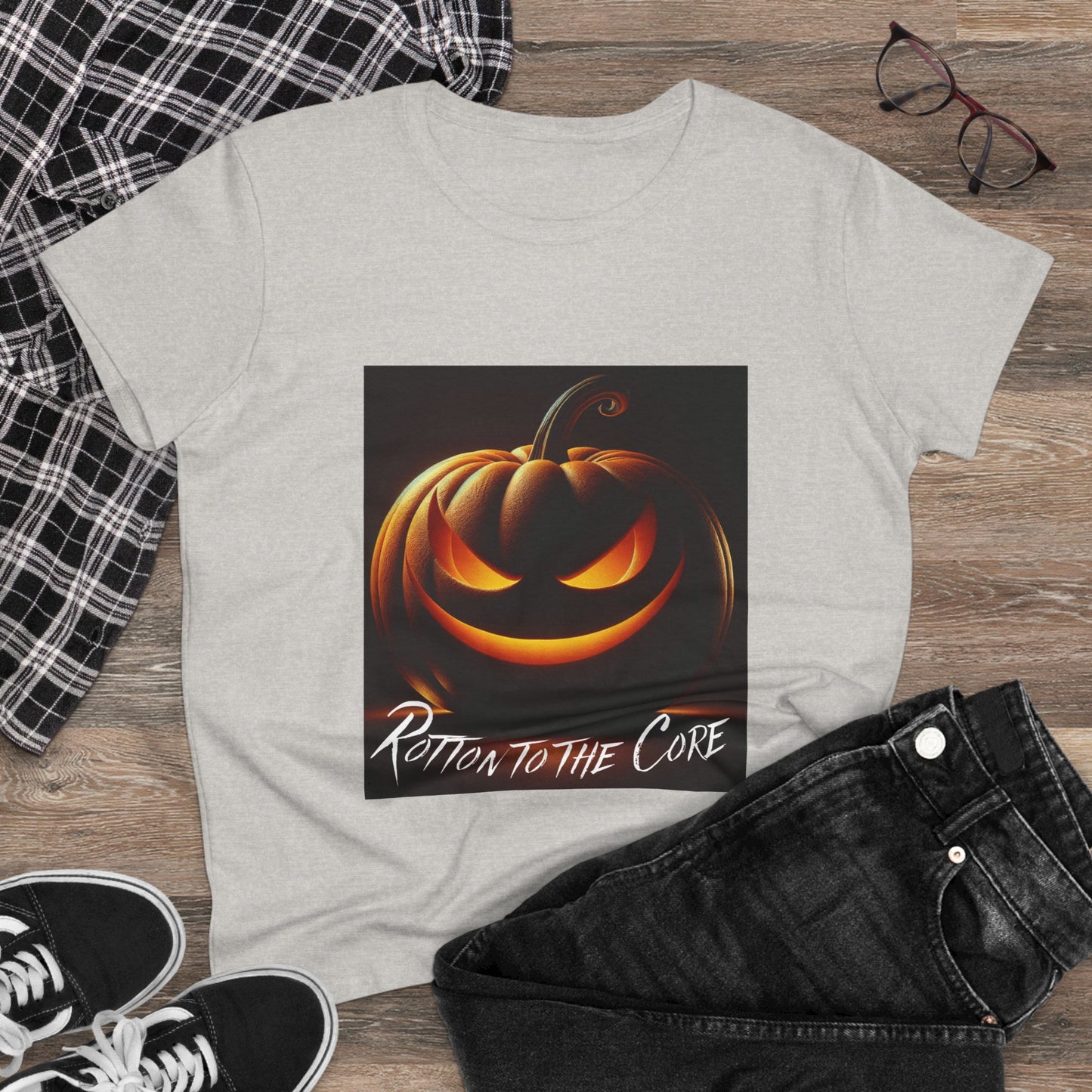 Women's Halloween T-Shirt - "Rotten to the Core" Pumpkin Tee, Fall Fashion, Spooky Season, Costume Party, Gift for Her