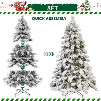 Pre-lit Flocked Christmas Tree With Lights, Snowy Pine Design, White LED Lights