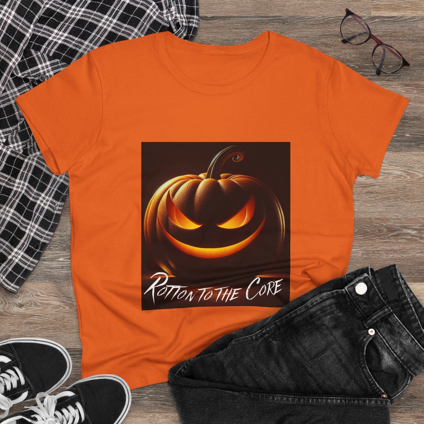 Women's Halloween T-Shirt - "Rotten to the Core" Pumpkin Tee, Fall Fashion, Spooky Season, Costume Party, Gift for Her