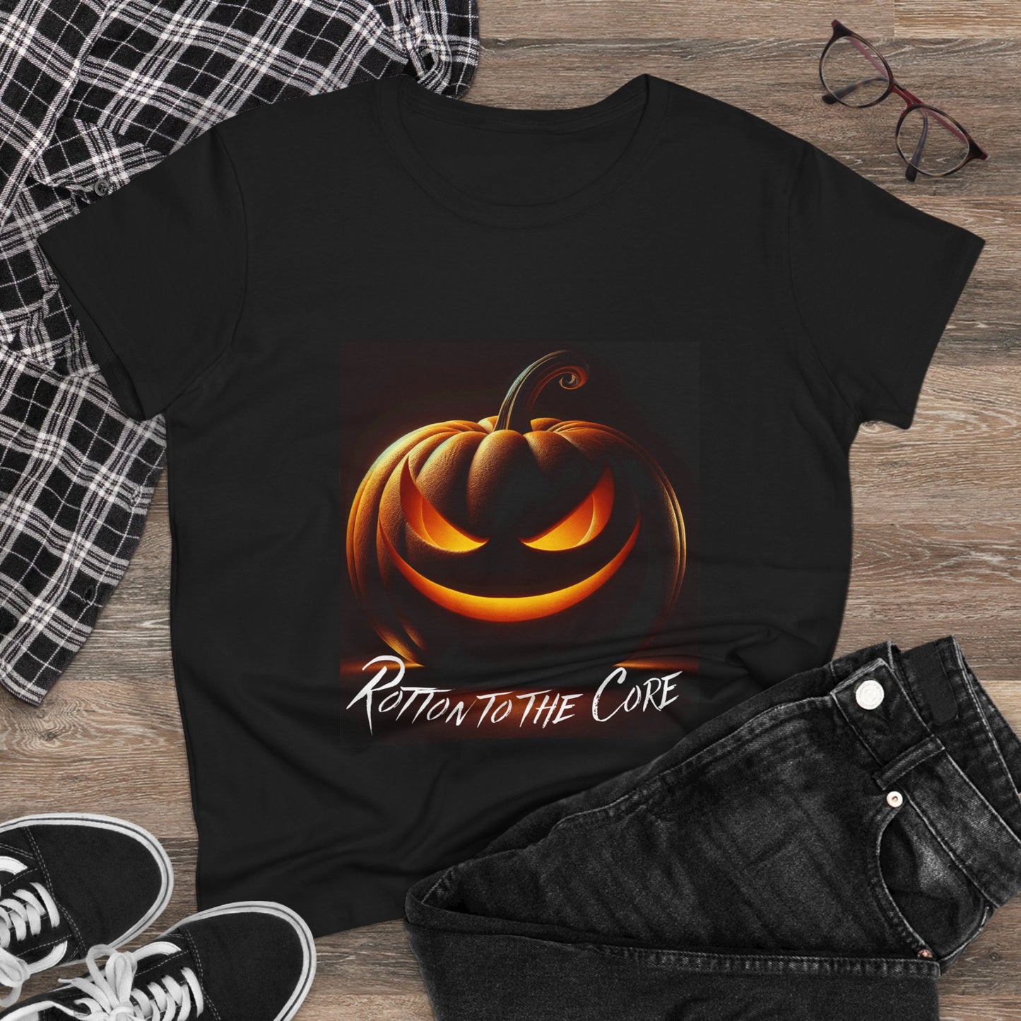 Women's Halloween T-Shirt - "Rotten to the Core" Pumpkin Tee, Fall Fashion, Spooky Season, Costume Party, Gift for Her