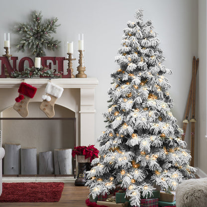 Pre-lit Flocked Christmas Tree With Lights, Snowy Pine Design, White LED Lights