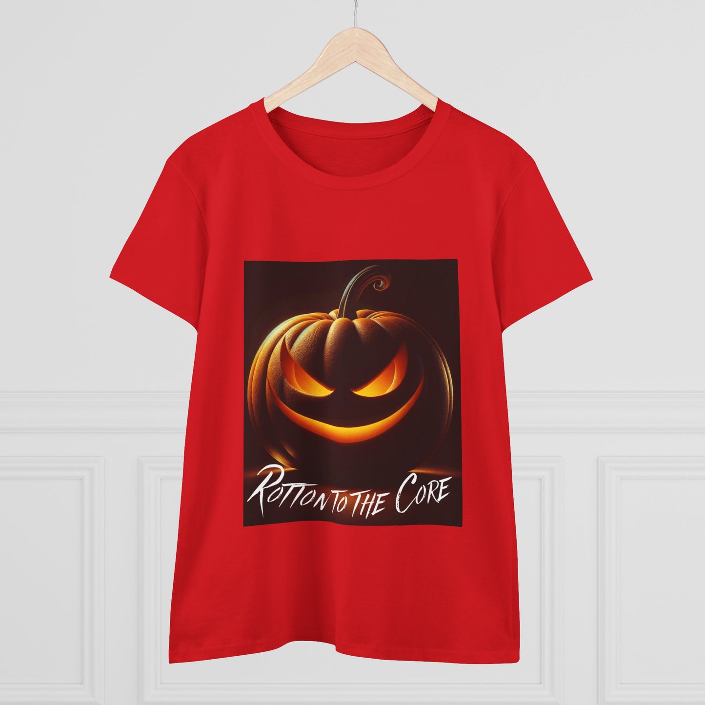 Women's Halloween T-Shirt - "Rotten to the Core" Pumpkin Tee, Fall Fashion, Spooky Season, Costume Party, Gift for Her