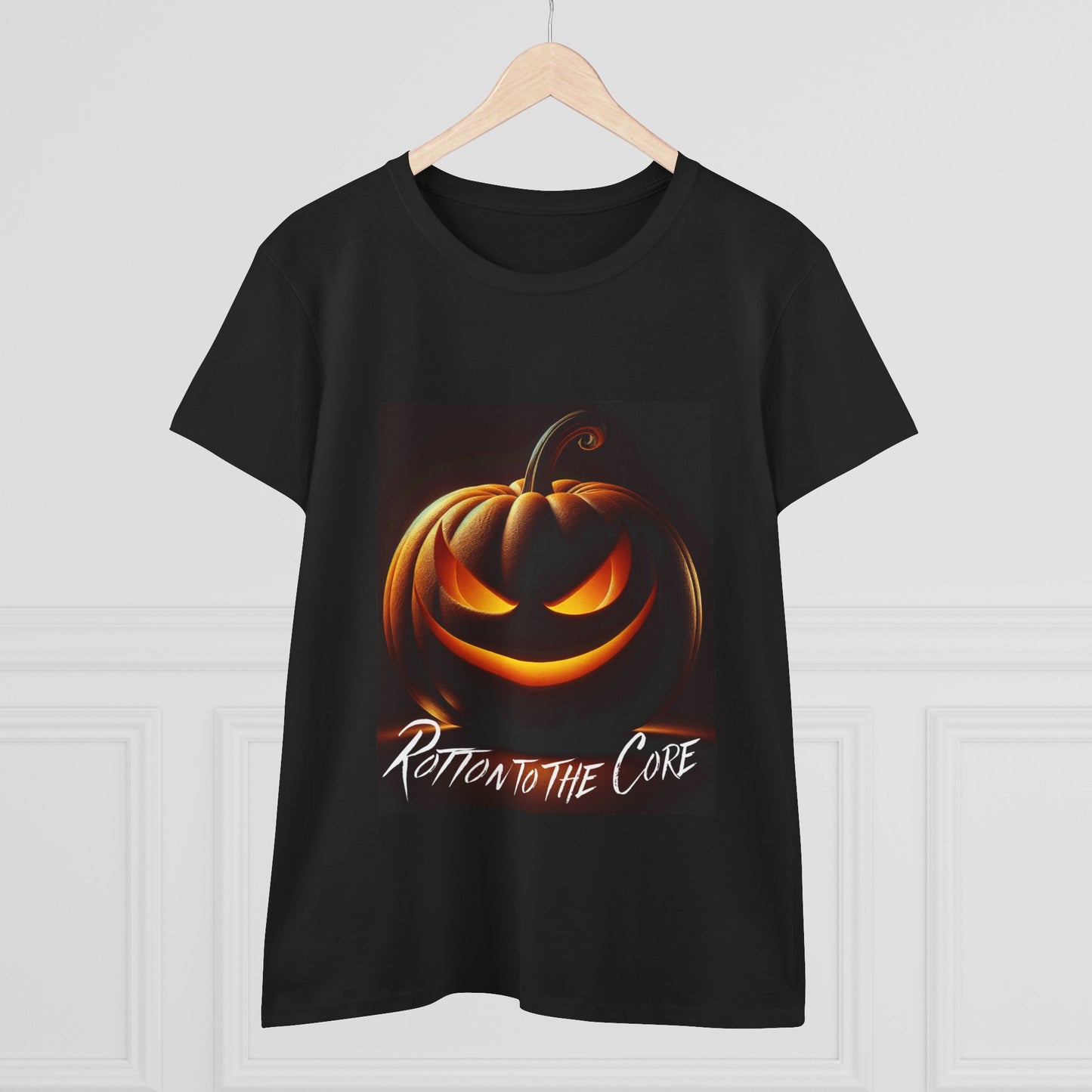 Women's Halloween T-Shirt - "Rotten to the Core" Pumpkin Tee, Fall Fashion, Spooky Season, Costume Party, Gift for Her