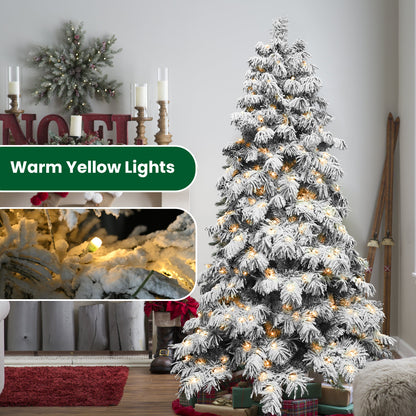 Pre-lit Flocked Christmas Tree With Lights, Snowy Pine Design, White LED Lights