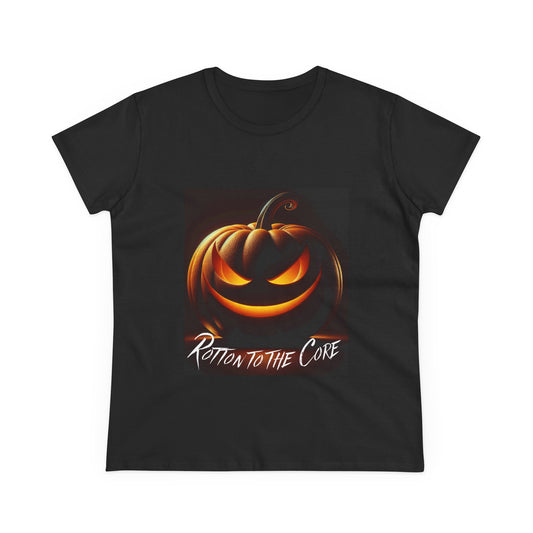 Women's Halloween T-Shirt - "Rotten to the Core" Pumpkin Tee, Fall Fashion, Spooky Season, Costume Party, Gift for Her